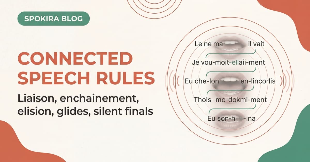 Diagram showing how French words connect in speech through liaison, enchaînement, and elision