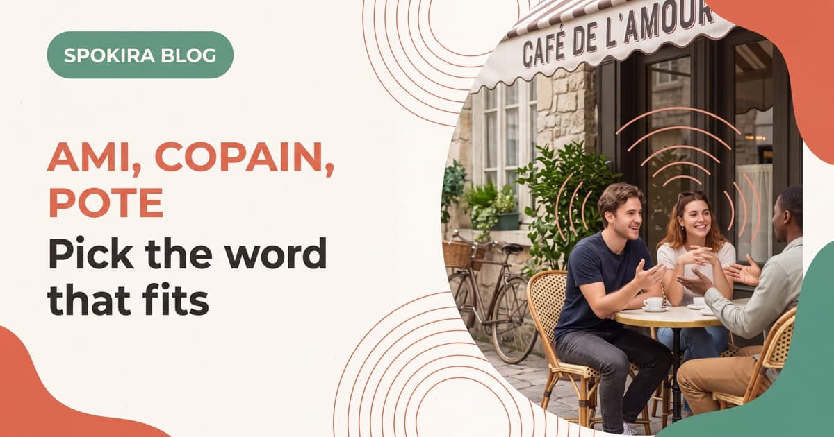 Three friends talking naturally outside a French cafe