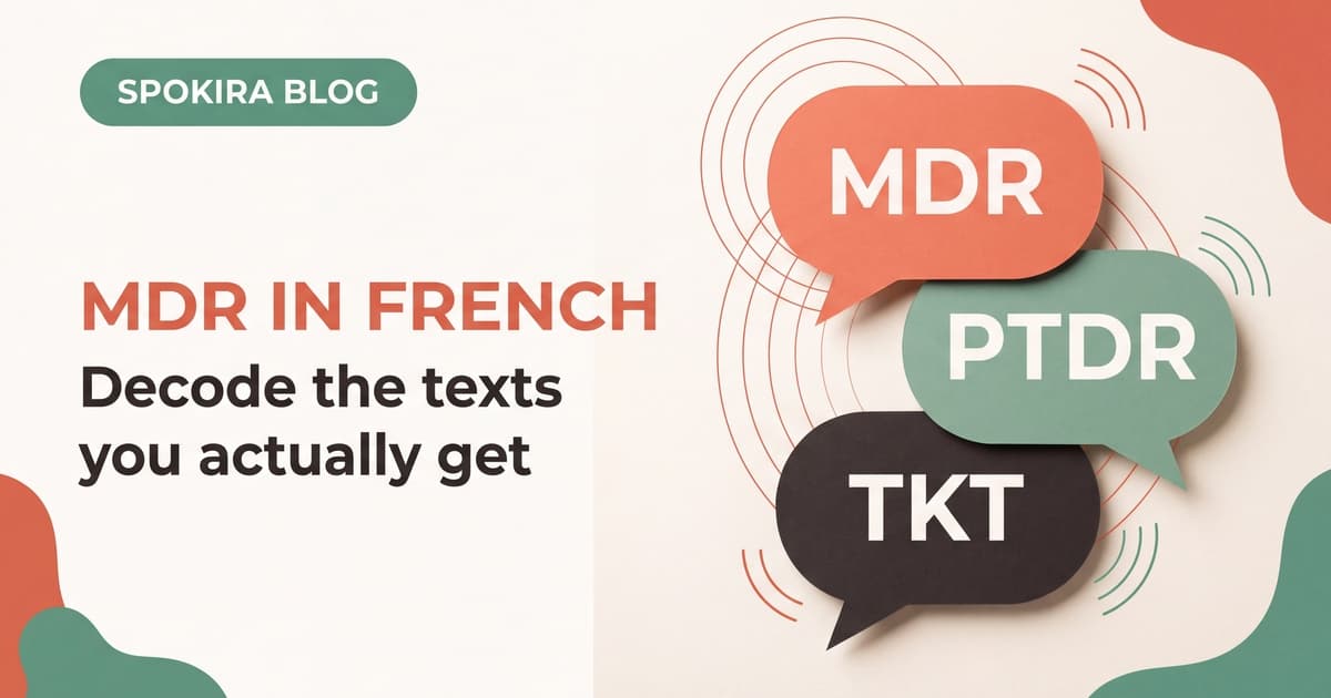 French texting slang cheat sheet with MDR, PTDR, and message bubbles on a warm cream editorial background