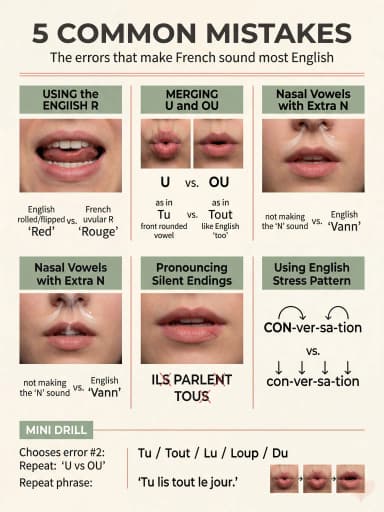 Summary card covering the most common French pronunciation mistakes English speakers make, with quick fixes and examples.