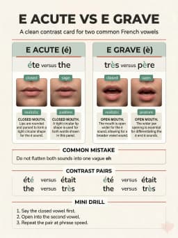 Pronunciation card comparing French e acute and e grave with example pairs and a simple contrast drill.