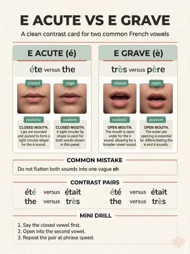 Pronunciation card comparing French e acute and e grave with example pairs and a simple contrast drill.
