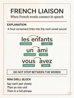 Infographic explaining basic French liaison rules with common examples and a short connected-speech drill.