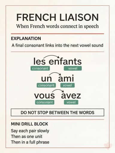 Infographic explaining basic French liaison rules with common examples and a short connected-speech drill.