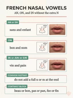Chart explaining French nasal vowels AN, ON, and IN with airflow guidance, example words, and a mini drill.