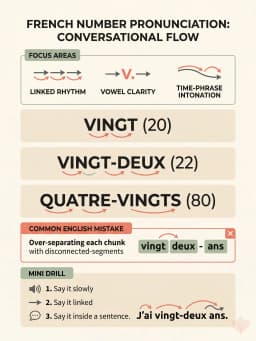 Pronunciation practice card for French numbers with rhythm cues, common trouble spots, and a mini drill.