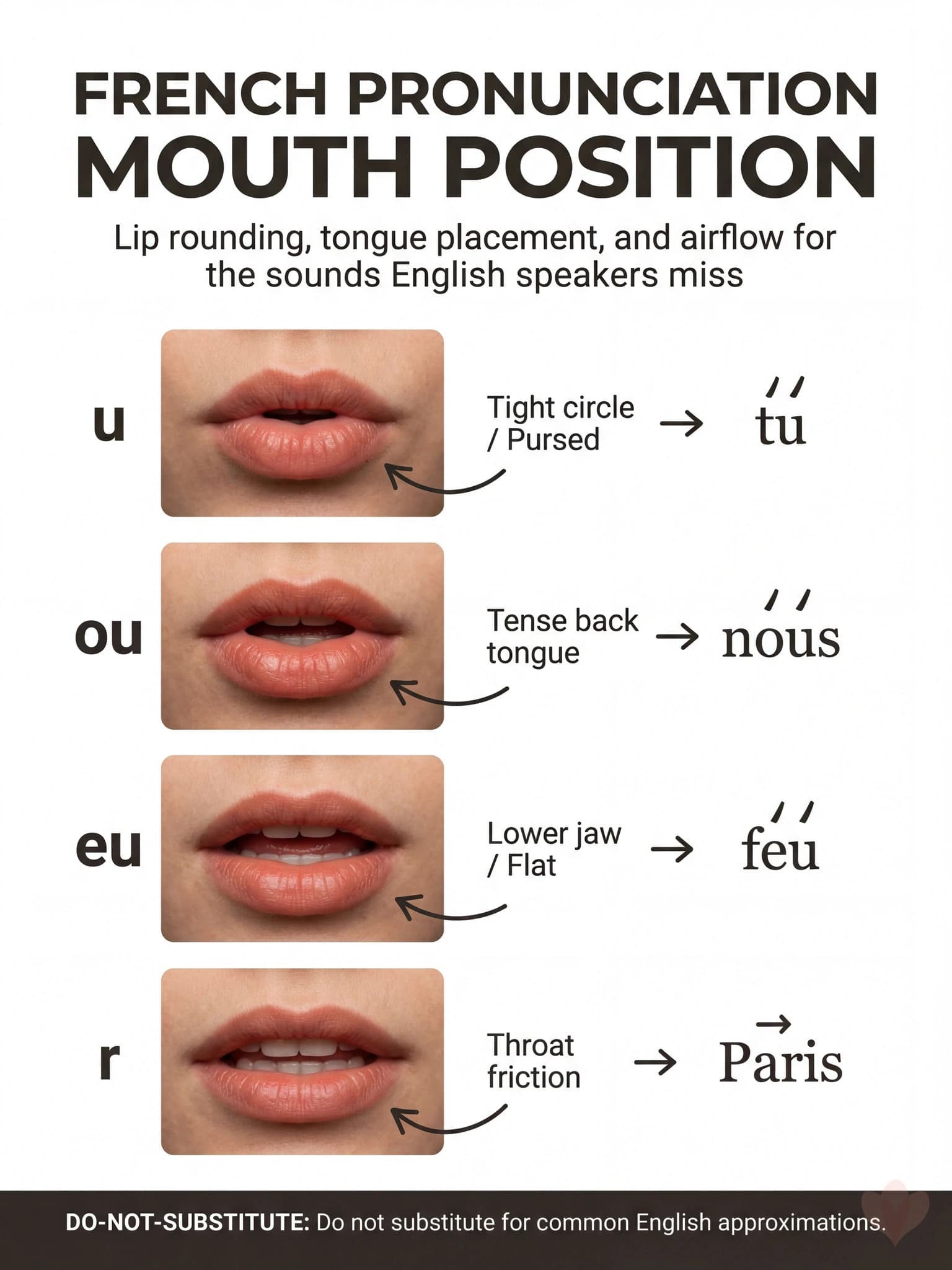 Visual guide showing French mouth position cues for u, ou, eu, and r with realistic mouth studies and example words.