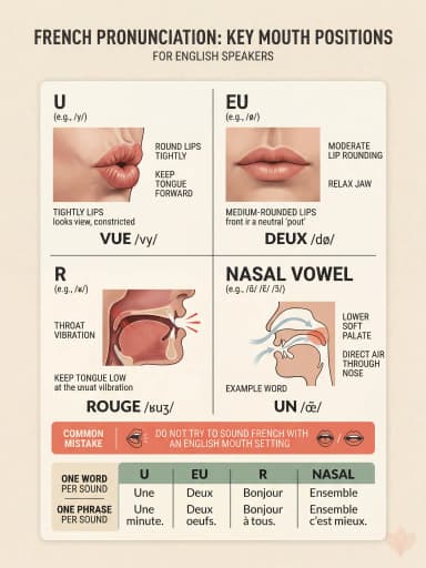 Overview card showing mouth-position basics for French U, EU, R, and nasal vowels.