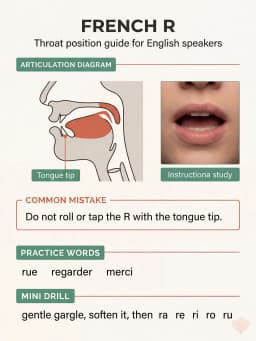 Simple diagram showing how to pronounce the French R in the back of the throat with example words and a short exercise.