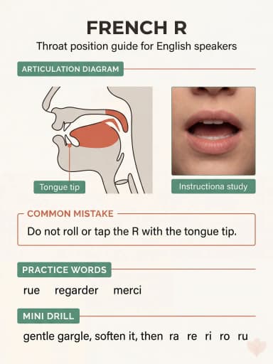 Simple diagram showing how to pronounce the French R in the back of the throat with example words and a short exercise.