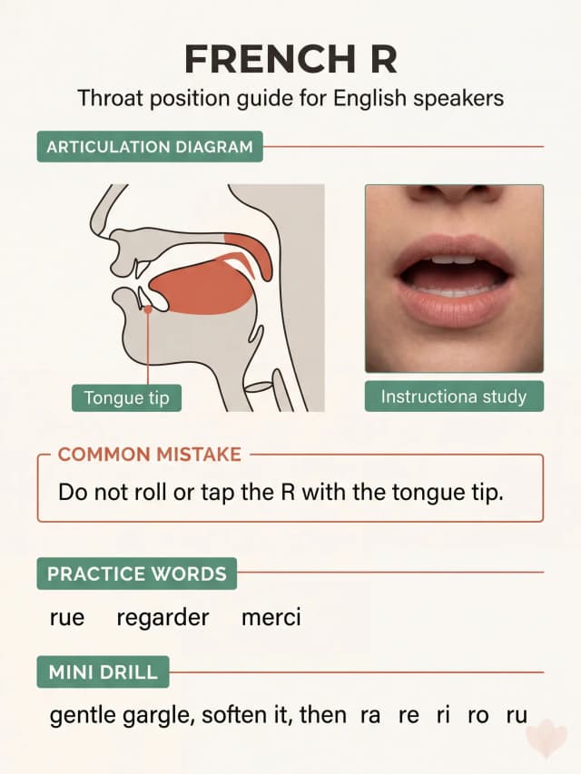 Simple diagram showing how to pronounce the French R in the back of the throat with example words and a short exercise.