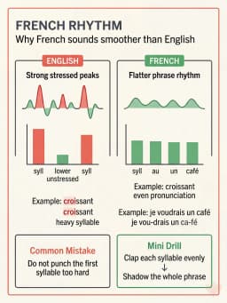 Visual comparing French rhythm with English word stress, including phrase examples and a short shadowing drill.