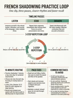 Infographic showing a French shadowing practice loop with listen, echo, and shadow passes plus a short daily routine.