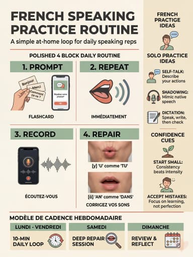 Visual showing a four-step French speaking practice routine with prompt, repeat, record, and repair blocks.