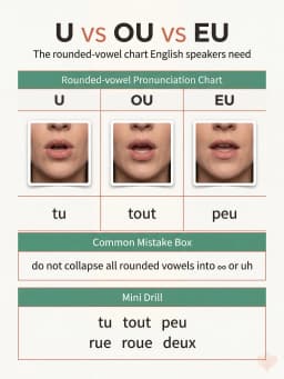 Chart comparing the French vowel sounds U, OU, and EU with mouth cues and example words.