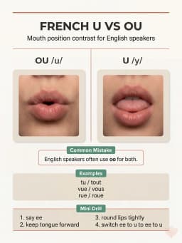 Diagram showing mouth position for French U /y/ versus OU /u/ with example words and a short drill.