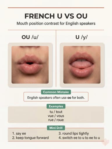 Diagram showing mouth position for French U /y/ versus OU /u/ with example words and a short drill.