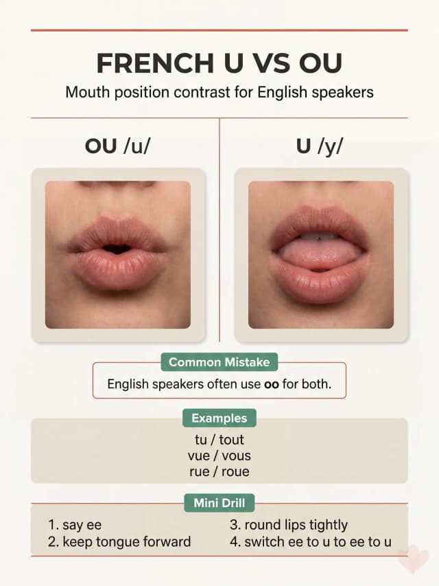 Diagram showing mouth position for French U /y/ versus OU /u/ with example words and a short drill.
