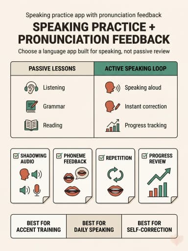 Comparison visual showing passive lessons versus an active speaking loop with shadowing audio, phoneme feedback, repetition, and progress review.