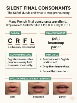 Cheat sheet showing which final consonants are usually silent in French and the CaReFuL exception.
