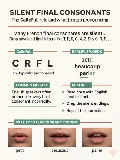 Cheat sheet showing which final consonants are usually silent in French and the CaReFuL exception.