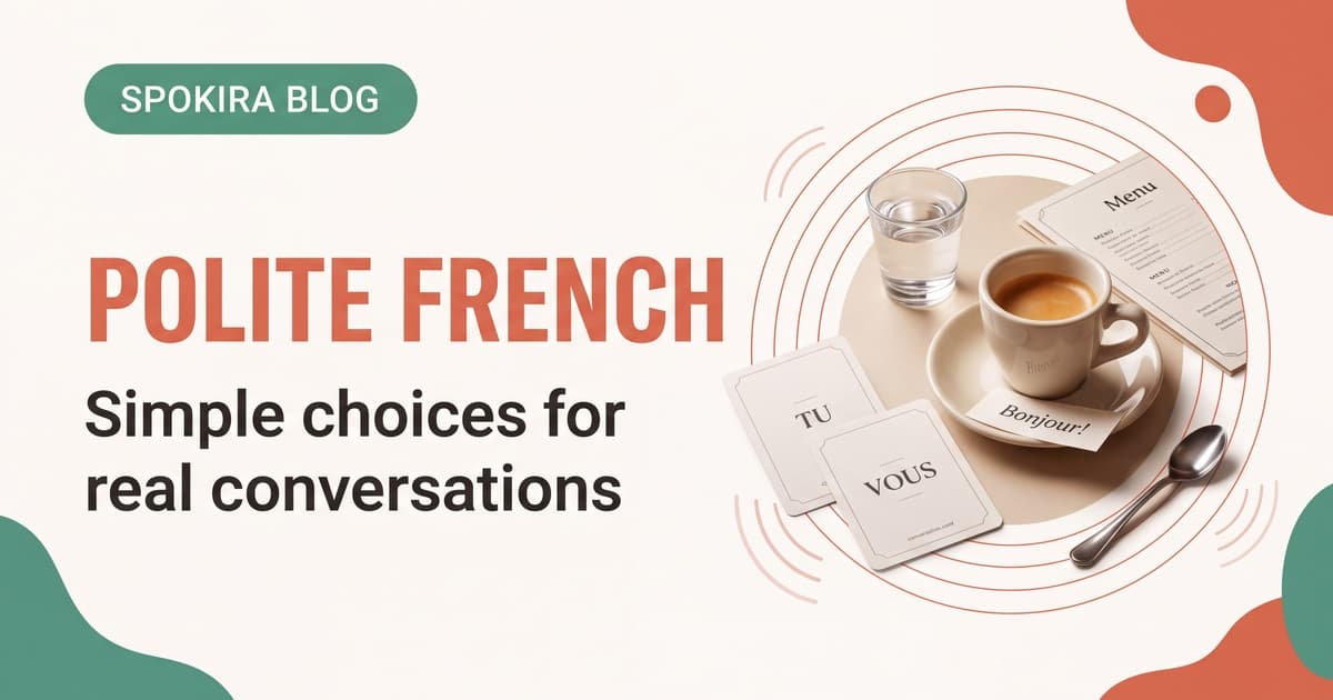 French learner choosing polite phrases in a cafe conversation