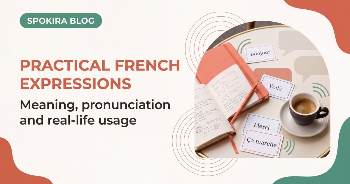 Editorial Spokira series cover showing practical French expressions as spoken phrase cards