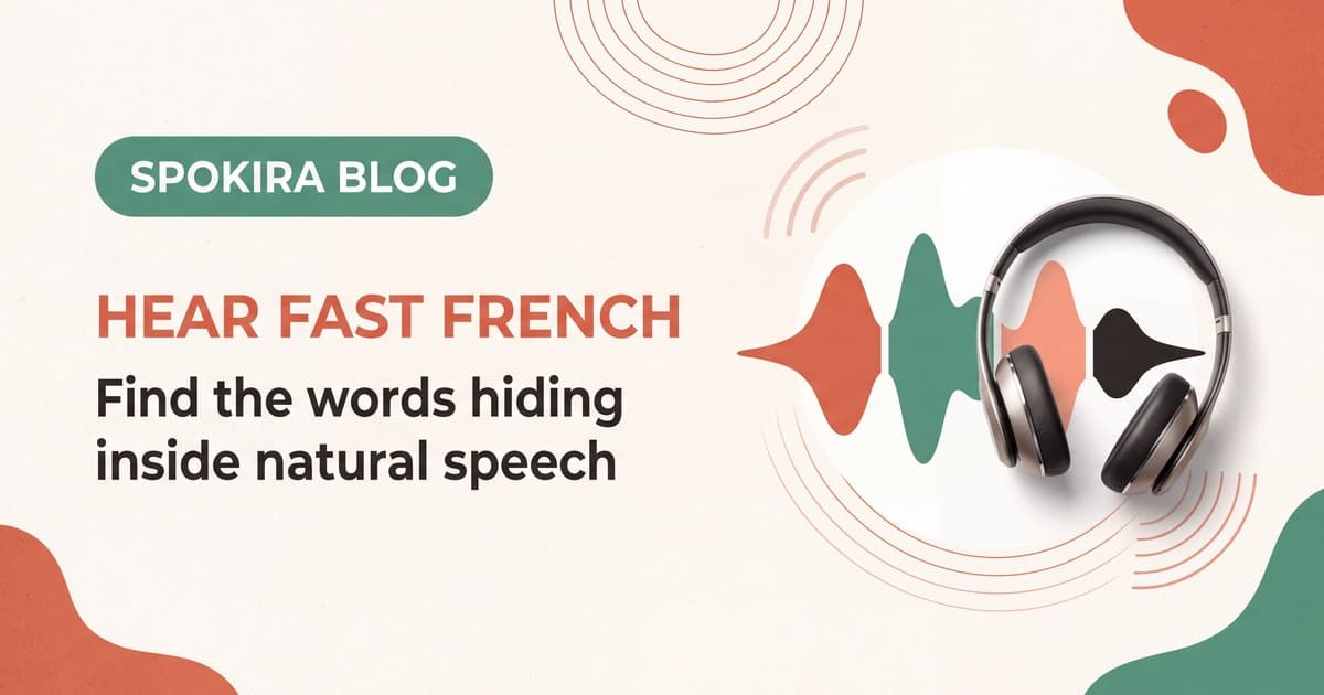 Headphones beside a four-part waveform representing word boundaries in fast spoken French