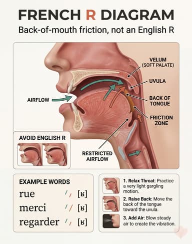 French R mouth-position diagram showing back-of-tongue placement, throat friction, an avoid-English-R panel, and example words.